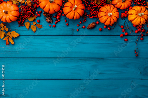 Un fondo de madera azul con calabazas y bayas en el borde superior, que crea un borde con temática otoñal para diseño o espacio de texto. photo