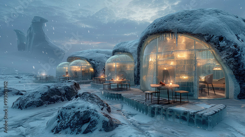 A unique nature restaurant set in an icy, snowy landscape, offering cozy outdoor seating amidst the snow