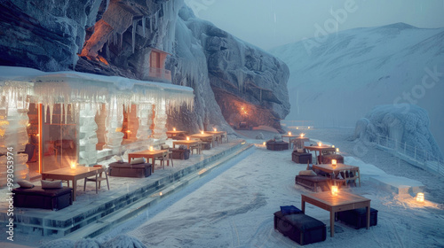 A unique nature restaurant set in an icy, snowy landscape, offering cozy outdoor seating amidst the snow