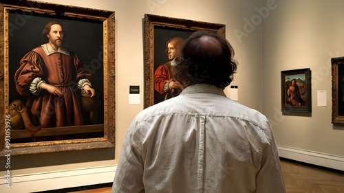 adult person and the paintings in the museum