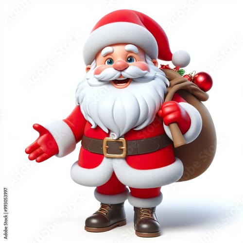 3d Cartoon Happy santa claus hyper-realistic, isolated on a white background