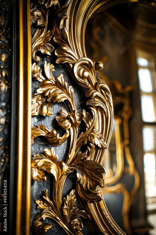 Ornate Gold Mirror Frame with Swirling Designs Ornate Gold Mirror Frame with Swirling Designs