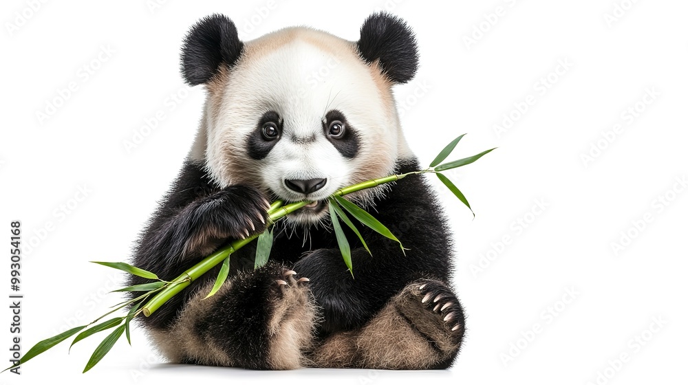 Naklejka premium giant panda eating bamboo isolated on white background 