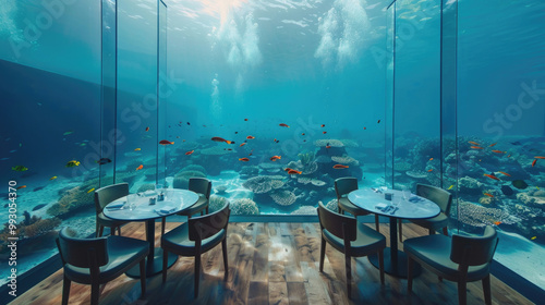 An underwater nature-themed restaurant surrounded by tropical fish, offering a stunning ocean view