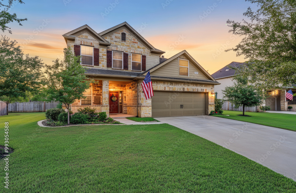 A beautiful two-story home in Texas, with an American flag hanging on the front of it. A beautiful two-story home in Texas, with an American flag hanging on the front of it.