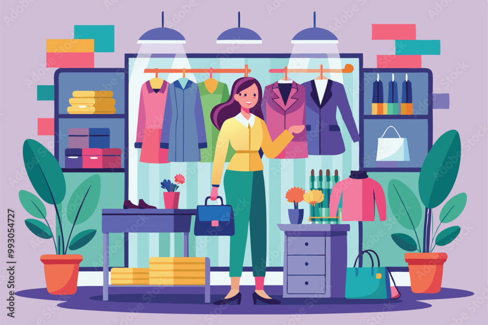 A salesperson stands in a fashion boutique showcasing clothing and accessories to customers, Customizable semi-flat illustrations for fashion shop. A salesperson stands in a fashion boutique showcasing clothing and accessories to customers, Customizable semi-flat illustrations for fashion shop.