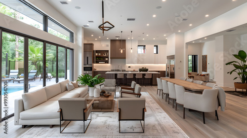 A cozy living room in a house with a couch, chairs, and a table. The interior design includes a plant near a window, adding warmth to the space