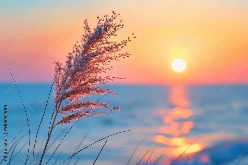 Serene sunset over calm sea with delicate grass silhouette, AI Generation Serene sunset over calm sea with delicate grass silhouette, AI Generation