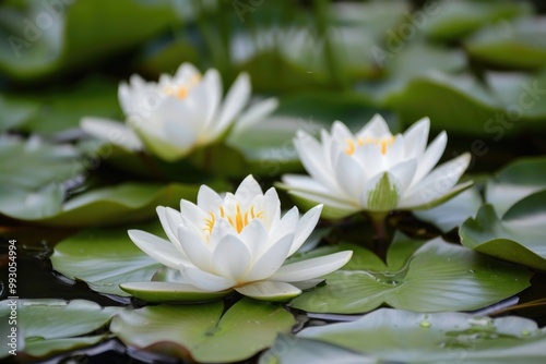 Wallpaper Mural White Lilies Floating in Water Pond on a Sunny Day with Duck and Green Leaves Torontodigital.ca