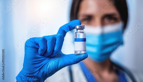 Doctor hands in blue gloves holding measles,coronavirus,covid vaccine