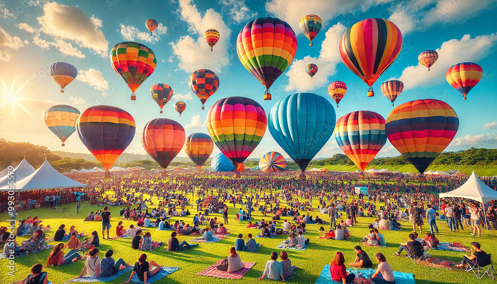 Obraz premium Colorful Hot Air Balloon Festival with Multiple Balloons Rising into the Bright Blue Sky Over Green Field. Families Watching the Spectacle and Enjoying a Sunny Day. AI-generated