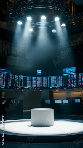 White Podium Under Dramatic Spotlight in Modern Stock Exchange