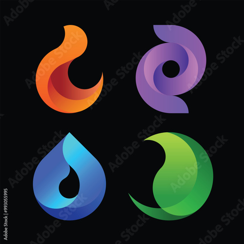 4 Elements of nature symbol - Earth, Water, Air and fire with sign with gradient color style in blackground vector design