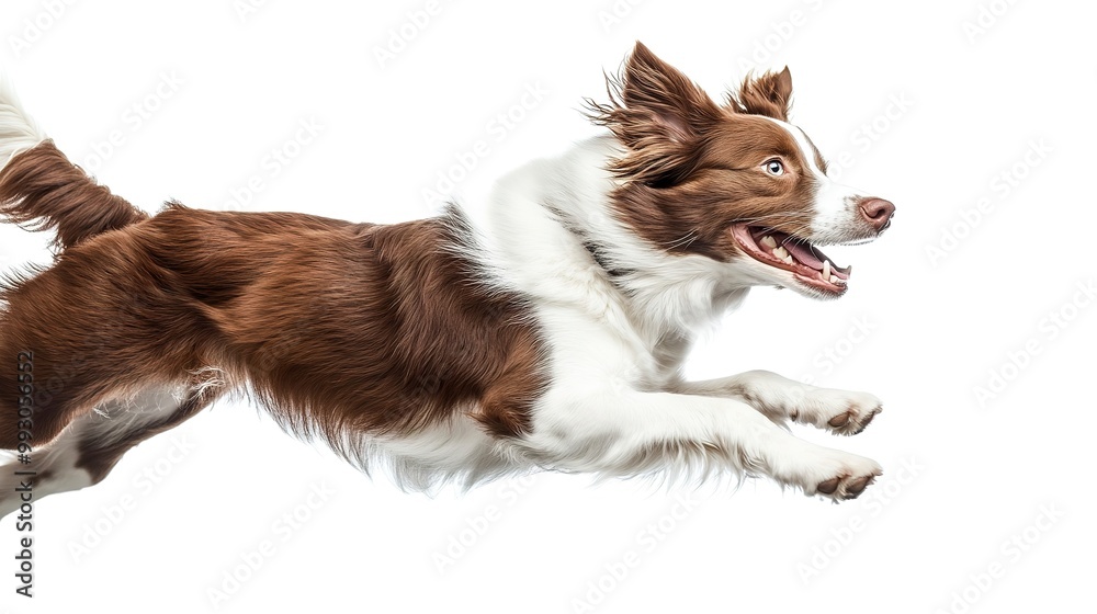Dog run side view isolated Brown white border collie jump Panorama dogs concept or white background Dog run side view isolated Brown white border collie jump Panorama dogs concept or white background