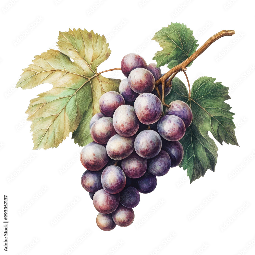 Fototapeta premium Fresh grapes with green leaves, white background transparent background