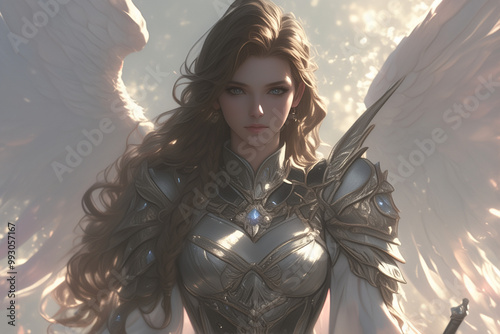 regal female angel in silver armor gazes serenely, bathed in soft celestial light