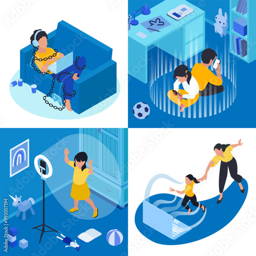 Gadget addiction composition set in isometric design