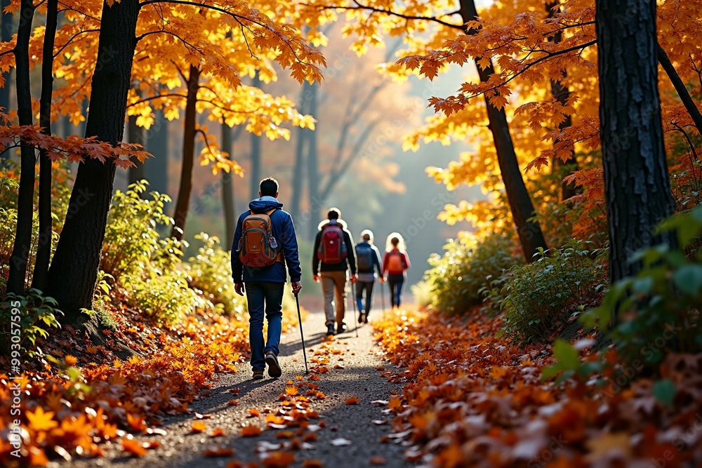 A group of people hiking along a forest trail A group of people hiking along a forest trail