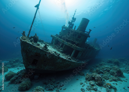 "Underwater Shipwreck Surrounded by Marine Life and Coral Growth in Clear Blue Ocean Depths - Sunken Vessel Photography"