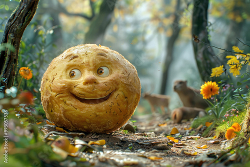 A funny depiction of Kolobok, the mischievous round bread character from Russian folklore, rolling with joy