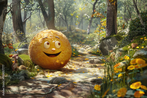 A funny depiction of Kolobok, the mischievous round bread character from Russian folklore, rolling with joy