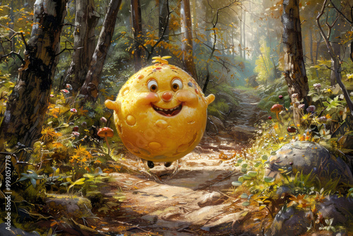 A funny depiction of Kolobok, the mischievous round bread character from Russian folklore, rolling with joy photo