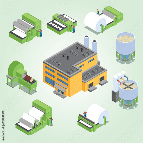 Paper factory flowchart with processing and drying symbols isometric
