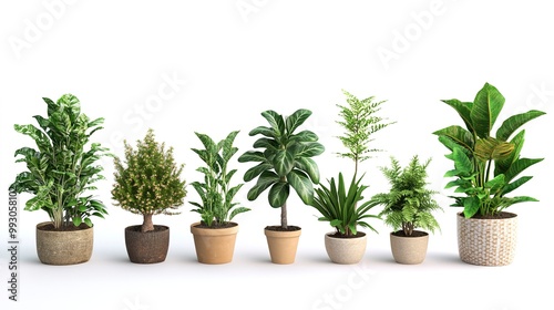 collection of ornamental plants in pots over white background 