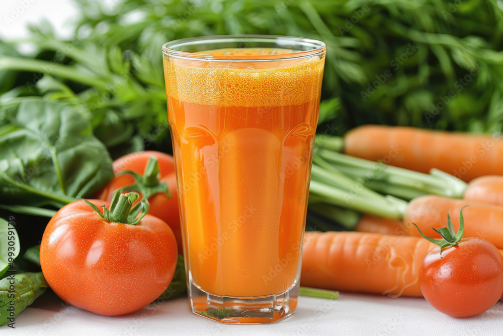 A glass of vibrant orange carrot juice with fresh carrots and other vegetables A glass of vibrant orange carrot juice with fresh carrots and other vegetables