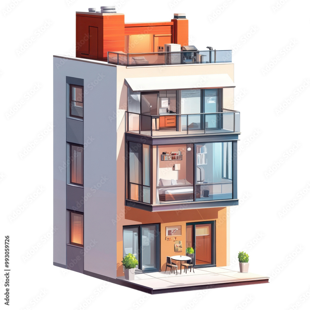 Modern apartment building with balconies. transparent background Modern apartment building with balconies. transparent background