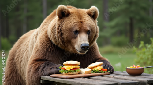 Grizzly Bear Enjoying a Picnic Snack at a Forest Table - Humorous Wildlife Photography for Nature and Food Enthusiasts