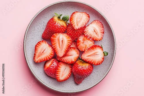 Sliced Strawberries in a Grey Bowl on Pink Background