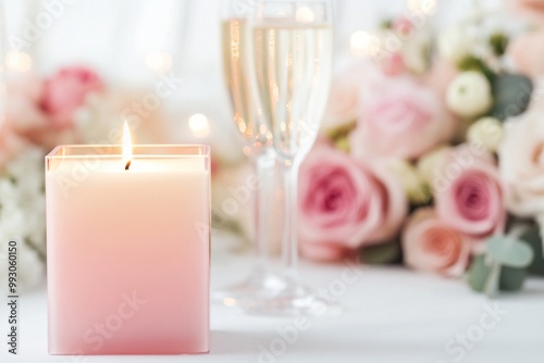 A glowing square candle with a soft peach-to-amber gradient on an indoor wedding table, surrounded by white roses