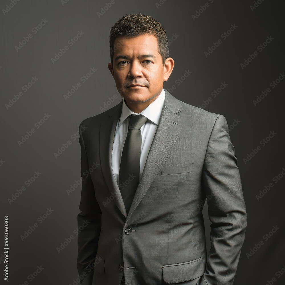 Portrait of a determined Hispanic man in his 40s wearing a suit and tie, conveying confidence and professionalism Portrait of a determined Hispanic man in his 40s wearing a suit and tie, conveying confidence and professionalism