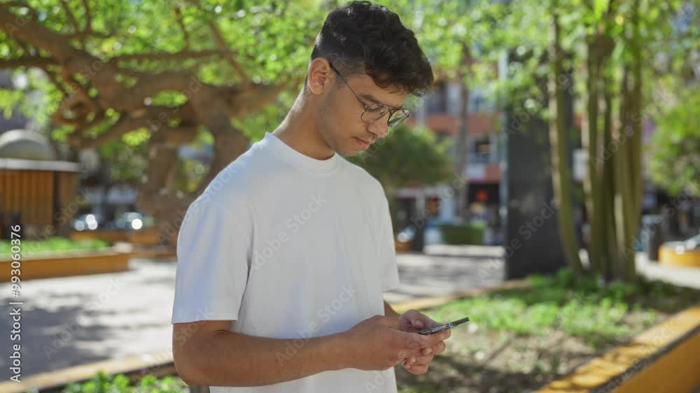 Hispanic man using smartphone in an urban city park with green trees and modern buildings in the background. Hispanic man using smartphone in an urban city park with green trees and modern buildings in the background.