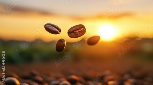 Floating Coffee Beans Against Sunset Silhouette