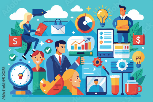 This artwork showcases diverse professionals collaborating on strategic business planning and data analysis, Customizable semi-flat illustrations for strategic consulting.