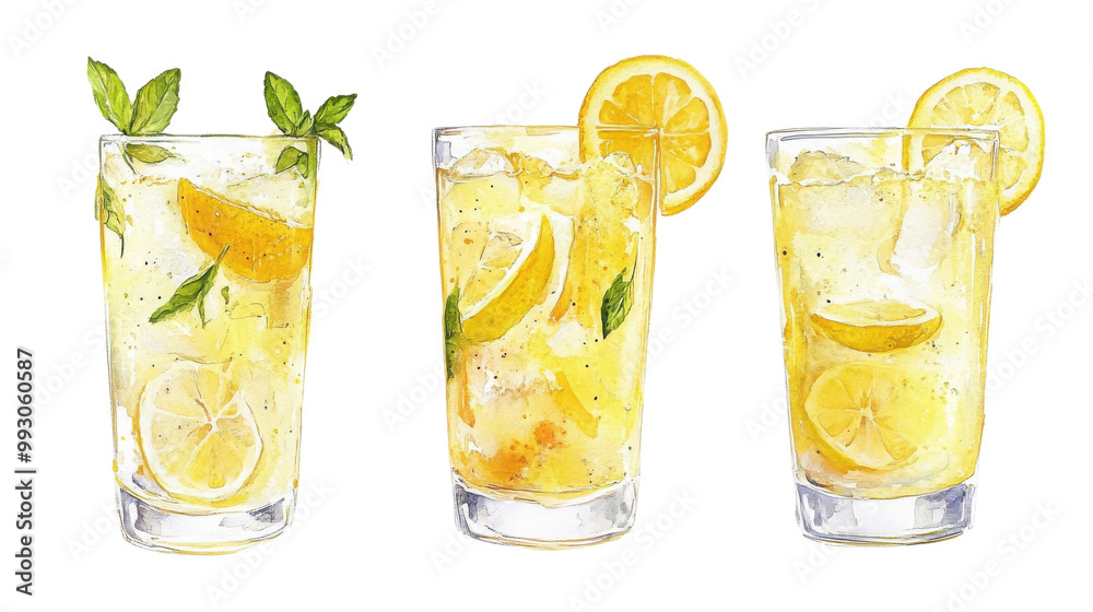 Refreshing lemonades in clear glasses transparent background Refreshing lemonades in clear glasses transparent background