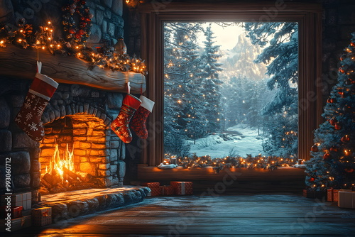 Warm atmosphere during Christmas gives feeling of happiness, peace and friendliness, used as advertisement, decoration during Christmas season to create impressive atmosphere and attract the audience.