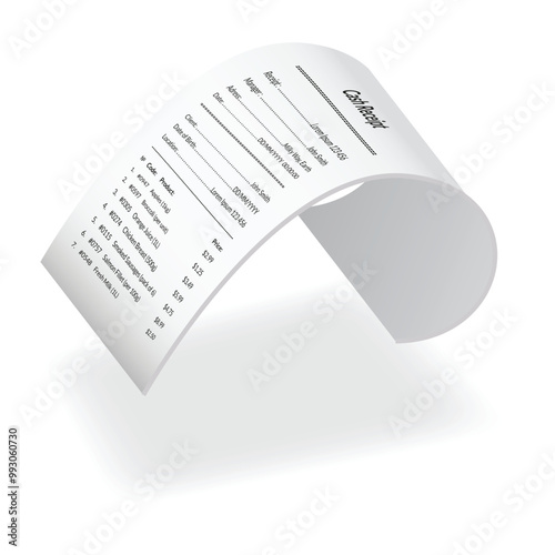 Payment check or receipts with shadow. Curved financial paper, purchase invoice. Buying, bill or calculate pay. Receipt the seller form