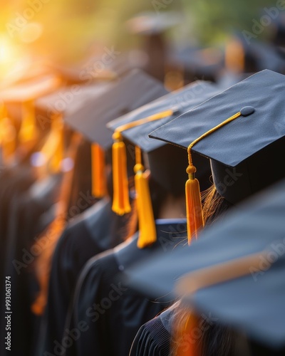 A row of graduates in their caps and gowns. AI.
