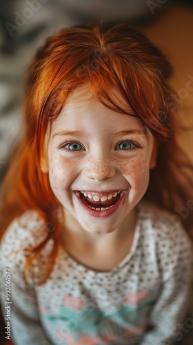 A young girl with red hair and freckles smiles brightly. AI.