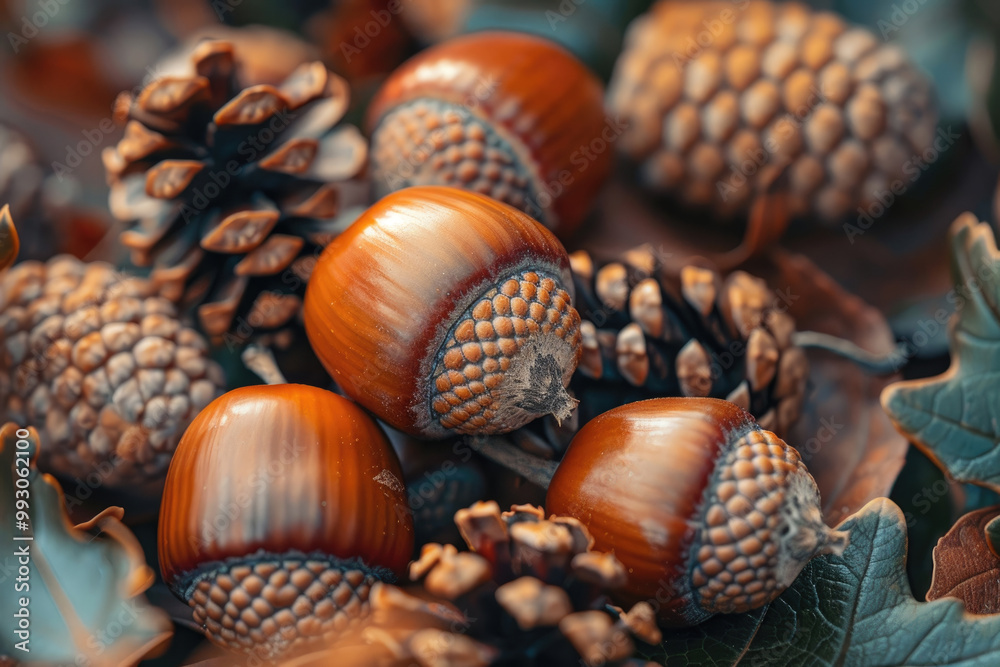Close-up of oak acorns, showcasing their smooth texture and earthy tones in natural light Close-up of oak acorns, showcasing their smooth texture and earthy tones in natural light