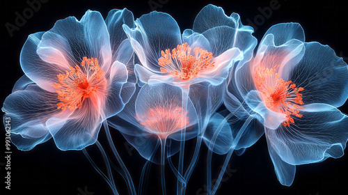 A bouquet of various flowers captured in X-ray style,