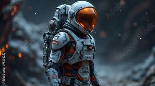 Astronaut in futuristic spacesuit exploring an alien planet