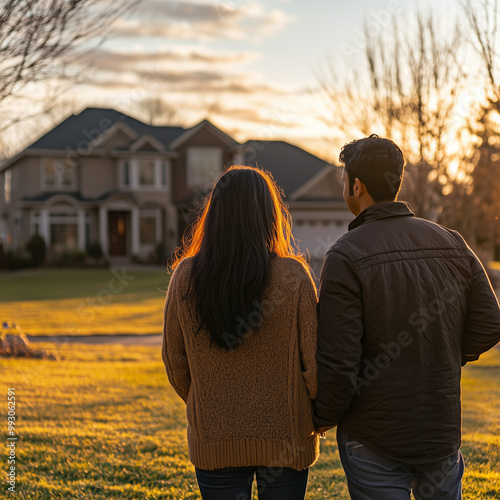 couple looking at each other in front of their new home
