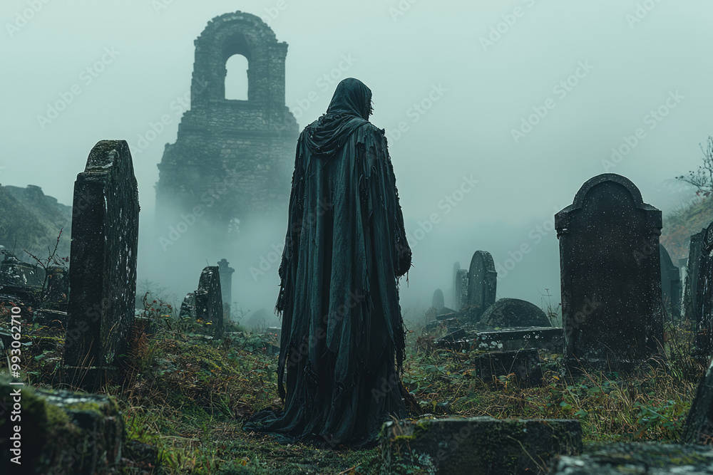 A shadowy figure in a tattered cloak, standing before an ancient, crumbling graveyard, A shadowy figure in a tattered cloak, standing before an ancient, crumbling graveyard,