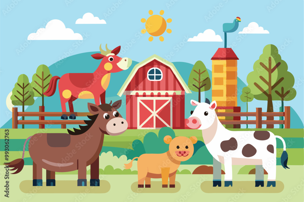 Various farm animals gather near a vibrant barn under a clear sky filled with sunshine and hills, Customizable semi-flat illustrations of farm animals. Various farm animals gather near a vibrant barn under a clear sky filled with sunshine and hills, Customizable semi-flat illustrations of farm animals.