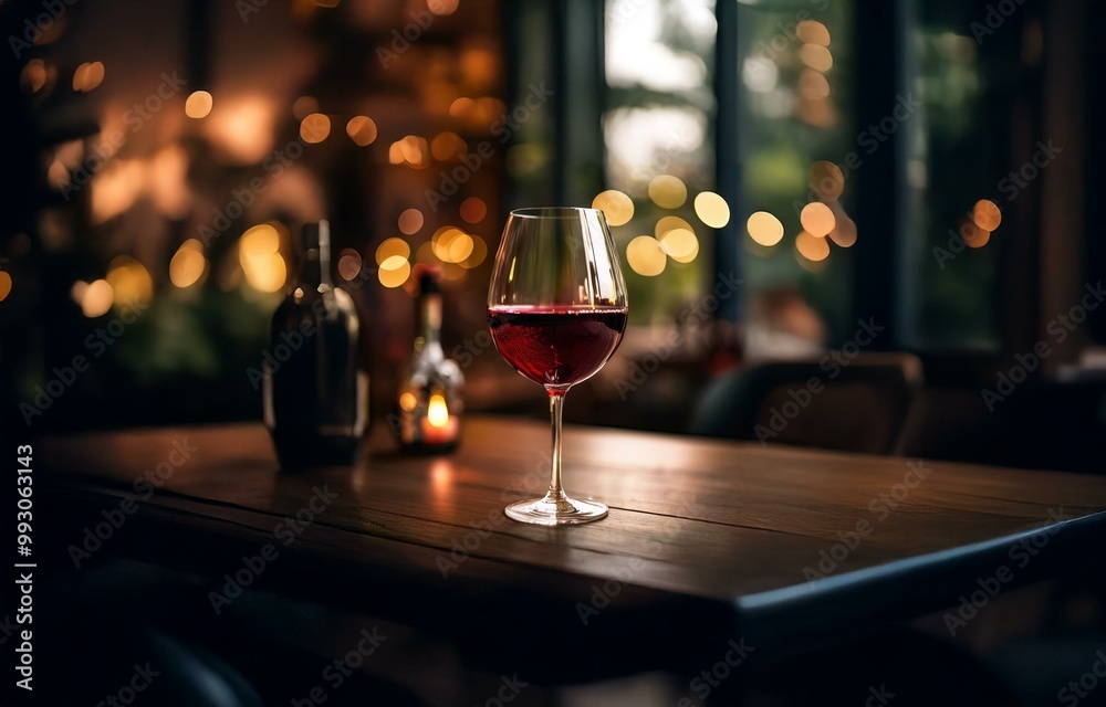 A glass of red wine sits on a wooden table in a dimly lit restaurant with bokeh lights in the background. A glass of red wine sits on a wooden table in a dimly lit restaurant with bokeh lights in the background.