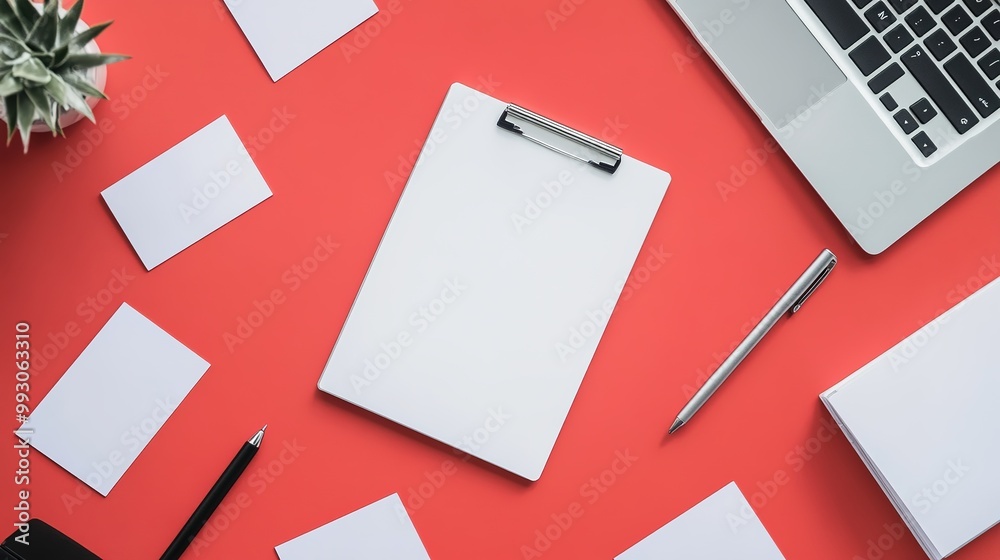 Top-Down View of a Conference Table with Notebook, Pens, and Laptop Top-Down View of a Conference Table with Notebook, Pens, and Laptop
